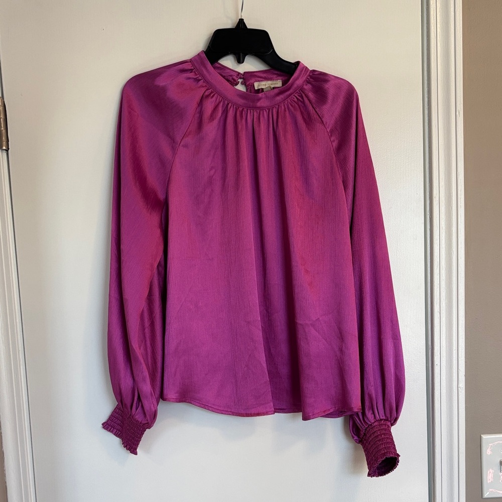 Women's Fuchsia-Purple Long-Sleeve Blouse - Elegant Gathered Neck